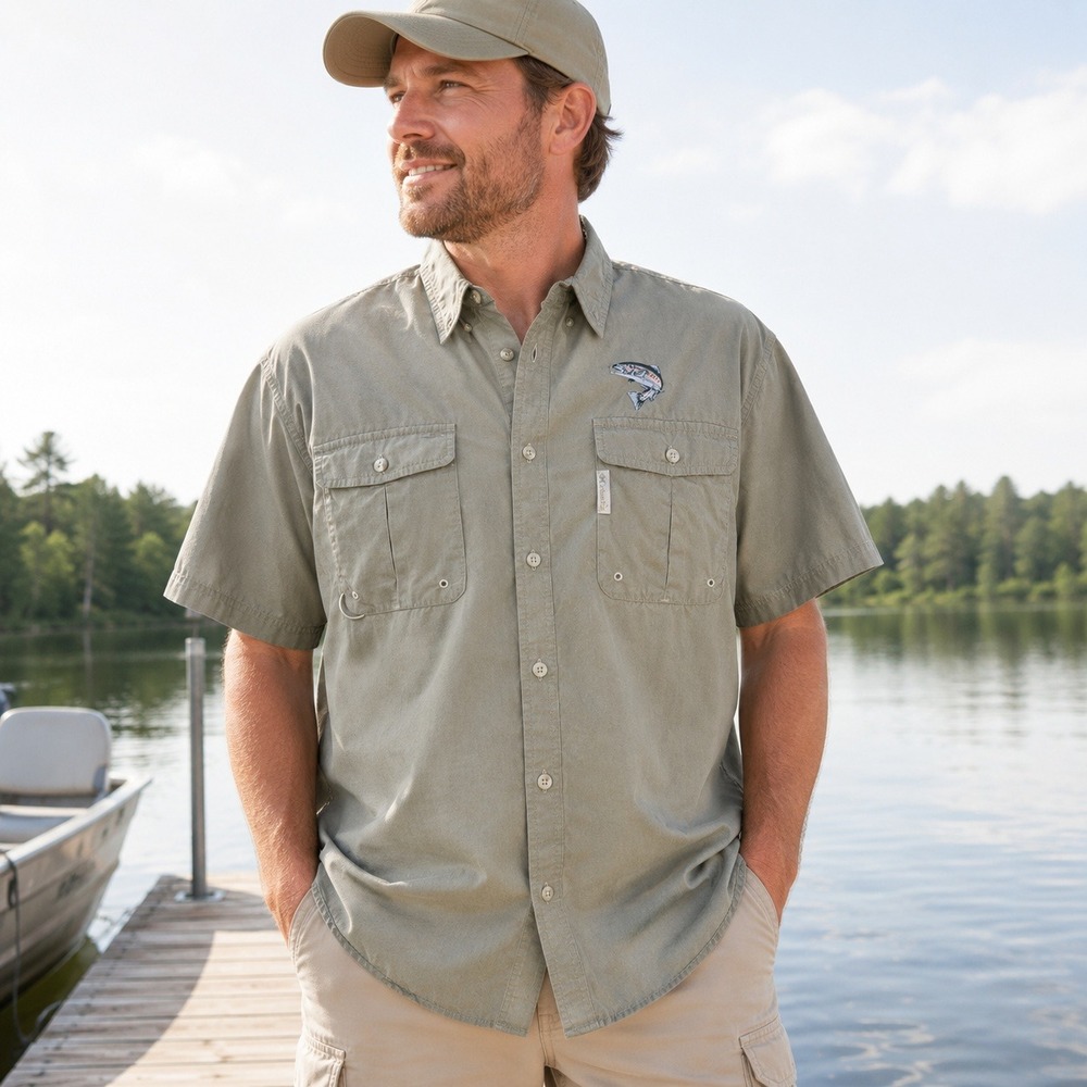 Columbia PFG Mens L Short Sleeve Cotton Fishing Shirt Khaki Trout Embroidered